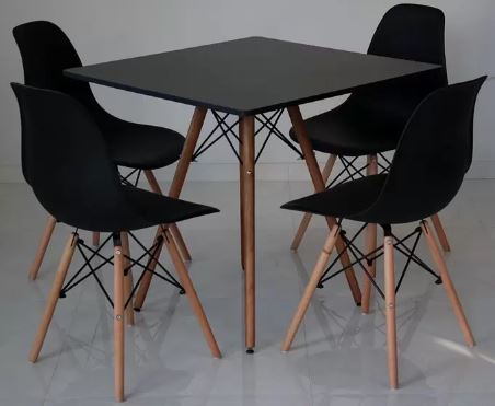 Conjunto Mesa Jantar Quadrada Eiffel 80cm Preto Mdf + 4 cadeiras Charles Eames