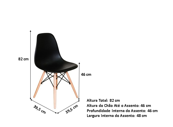 Conjunto de Mesa 4 Cadeiras Pretas Eames Eiffel 90cm Base Madeira Tampo Preto