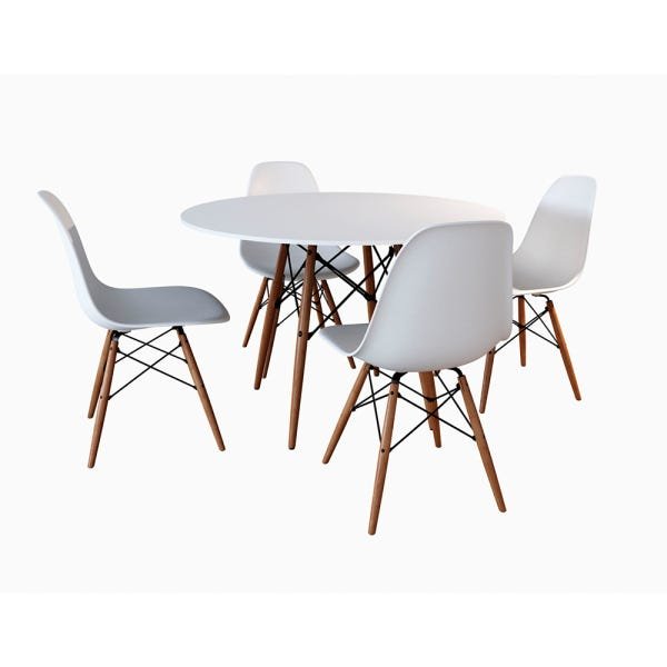 Conjunto de Mesa de Jantar Eames Eiffel Redonda 90cm Tampo de Madeira Branco com 4 Cadeiras Brancas
