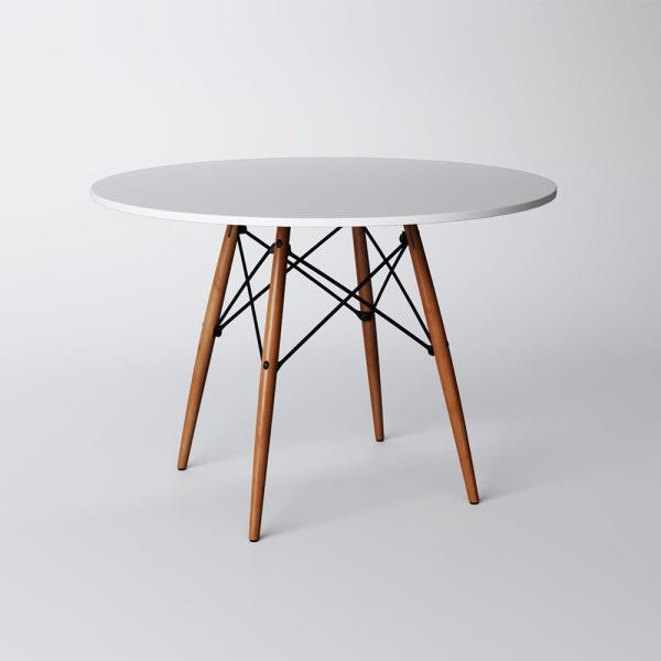 Conjunto de Mesa de Jantar Eames Eiffel Redonda 90cm Tampo de Madeira Branco com 4 Cadeiras Brancas