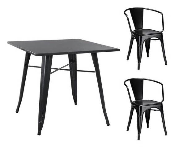 Conjunto mesa Tolix 80 cm + 2 cadeiras Tolix com Braço - Preto