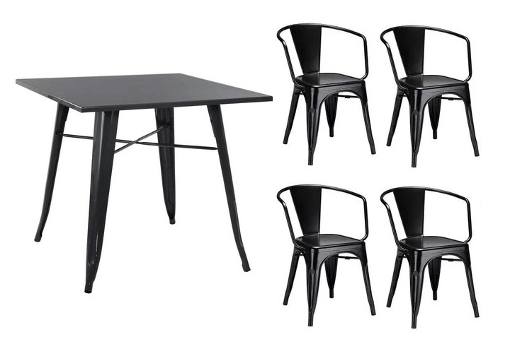 Conjunto mesa Tolix 80 cm + 4 cadeiras Tolix com Braço - Preto