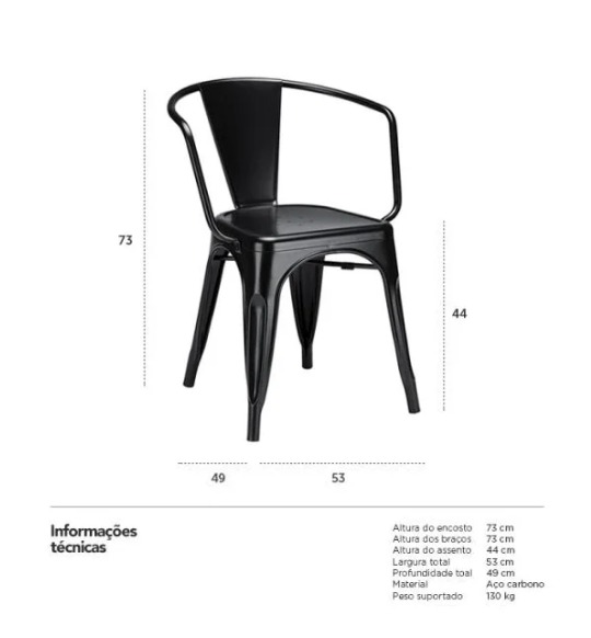 Conjunto mesa Tolix 80 cm + 4 cadeiras Tolix com Braço - Preto