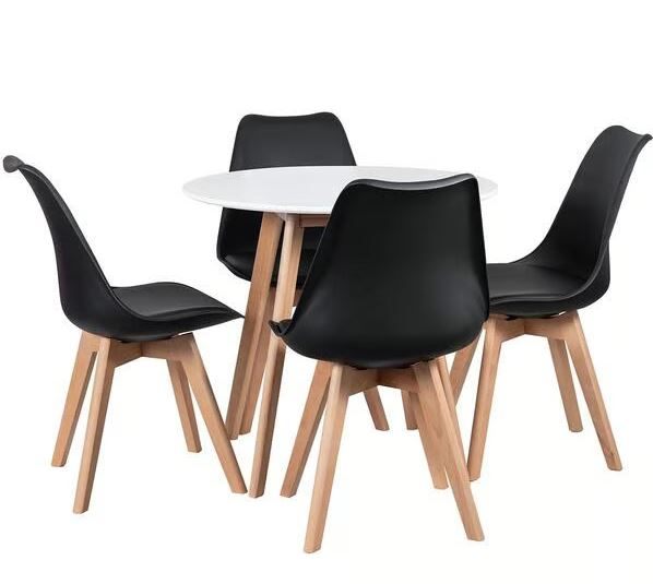 Kit - Mesa De Jantar Leda Redonda 90 Cm Branco + 4 Cadeiras Estofadas Leda Preto