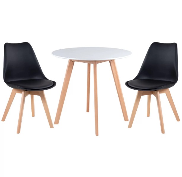 Kit - Mesa Redonda Leda 80 Cm Branco + 2 Cadeiras Estofadas Leda Preto