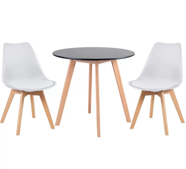 Kit - Mesa Redonda Leda 80 Cm Preto + 2 Cadeiras Estofadas Leda Branco