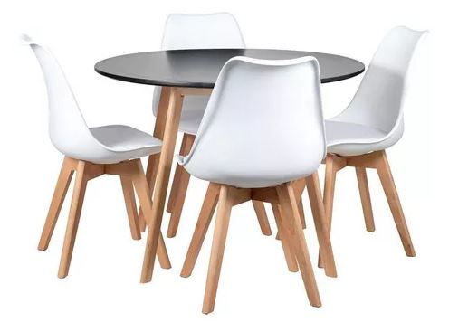 Kit - Mesa Redonda Leda 80 Cm Preto + 4 Cadeiras Estofadas Leda Branco