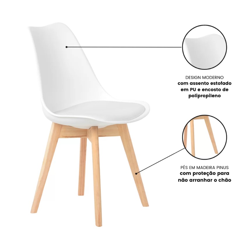 Kit 3 Cadeiras Charles Eames Leda Luisa Saarinen Design Wood Estofada Base Madeira - Branca
