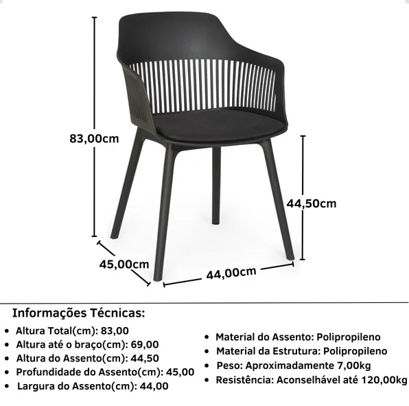 Kit 5 Cadeiras Marcela Montreal Em Polipropileno Assento Estofado Preto