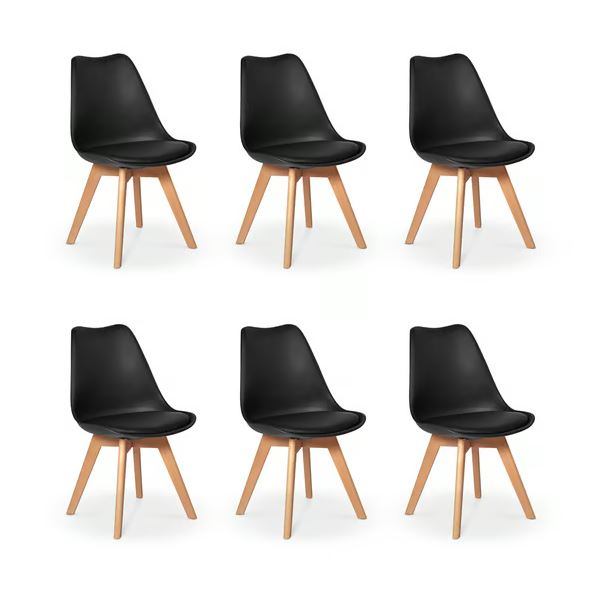 Kit c/6 cadeiras Leda – Charles Eames, Saarinen Wood com almofada preta