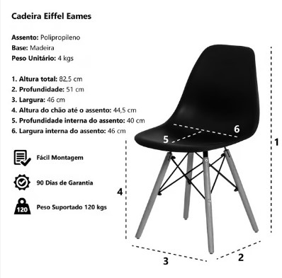 Kit com 6 Cadeiras Charles Eames Eiffel Preto