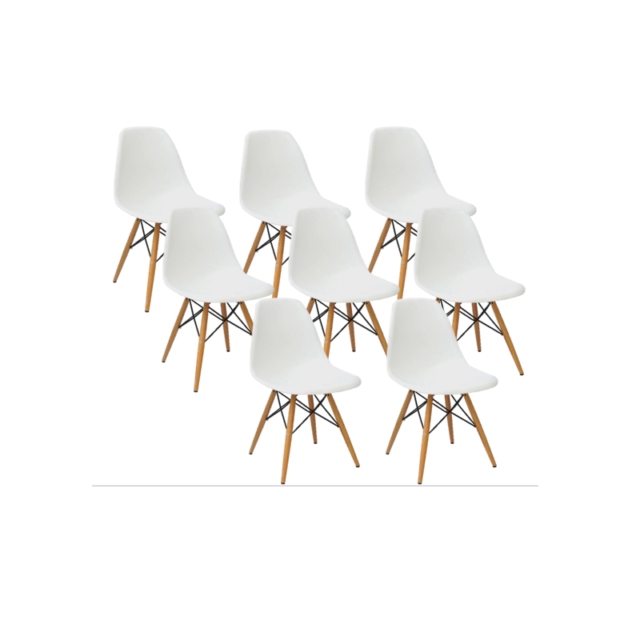 Kit com 8 Cadeiras Charles Eames DSW Branca -  Base Madeira