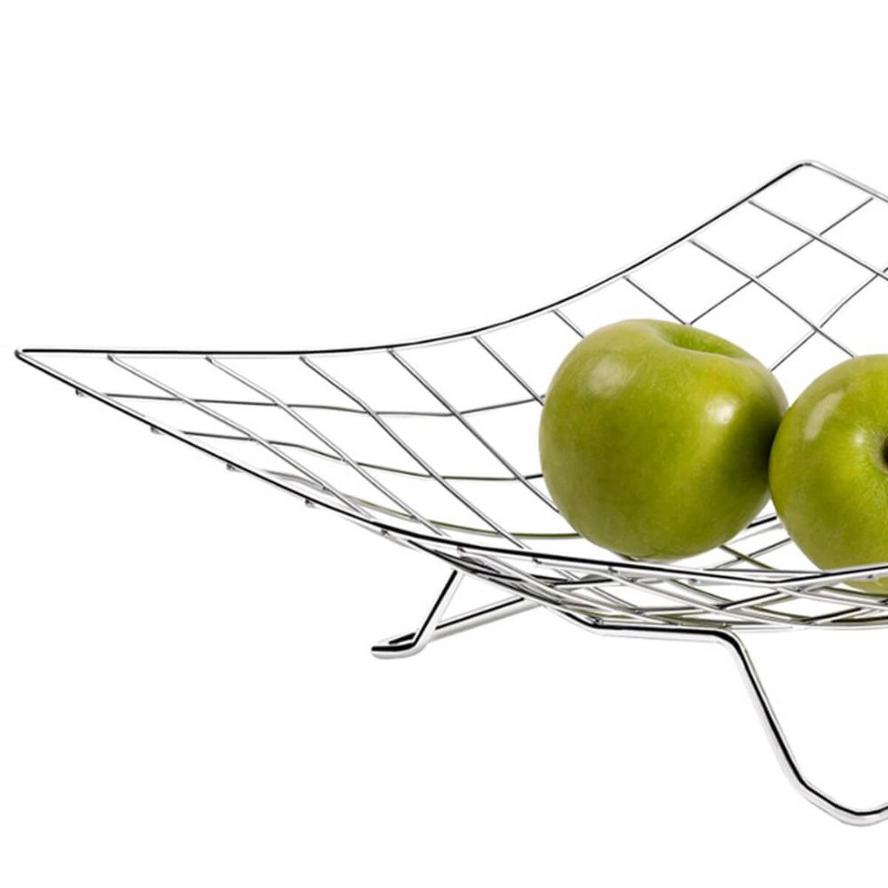 Fruteira de Mesa Cromada com Pedestal Cesto para Frutas Aramado Quadriculada Utimil
