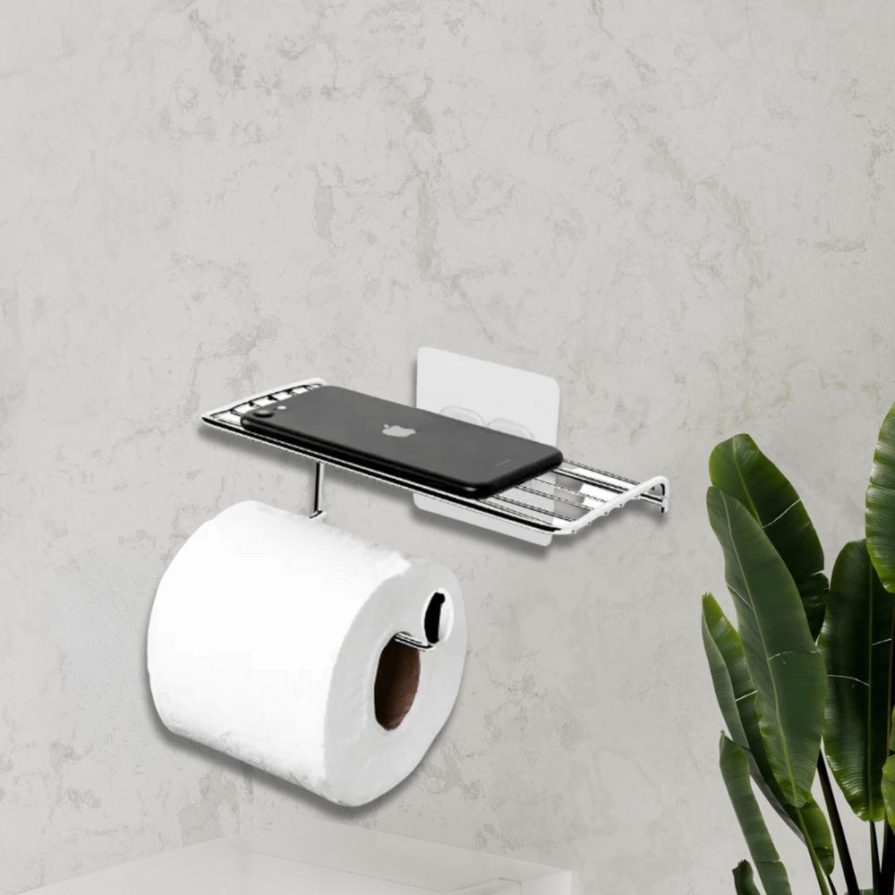 Porta Papel Higiênico com Suporte para Celular Aço Cromado de Parede Linha Fixação Adesiva Utimil