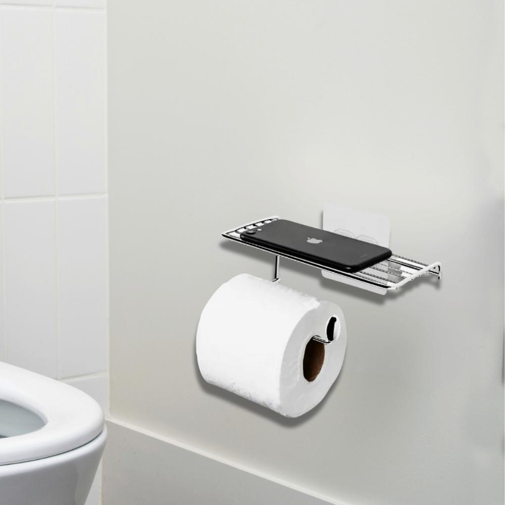 Porta Papel Higiênico com Suporte para Celular Aço Cromado de Parede Linha Fixação Adesiva Utimil