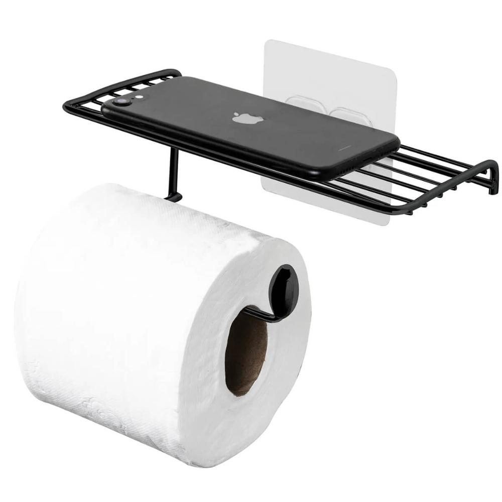 Porta Papel Higiênico com Suporte para Celular Preto Fixação