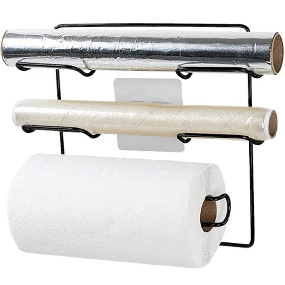 Suporte Porta Rolos Papel Alumínio Toalha e Filme PVC de Parede Fixação por Adesivo Preto Utimil