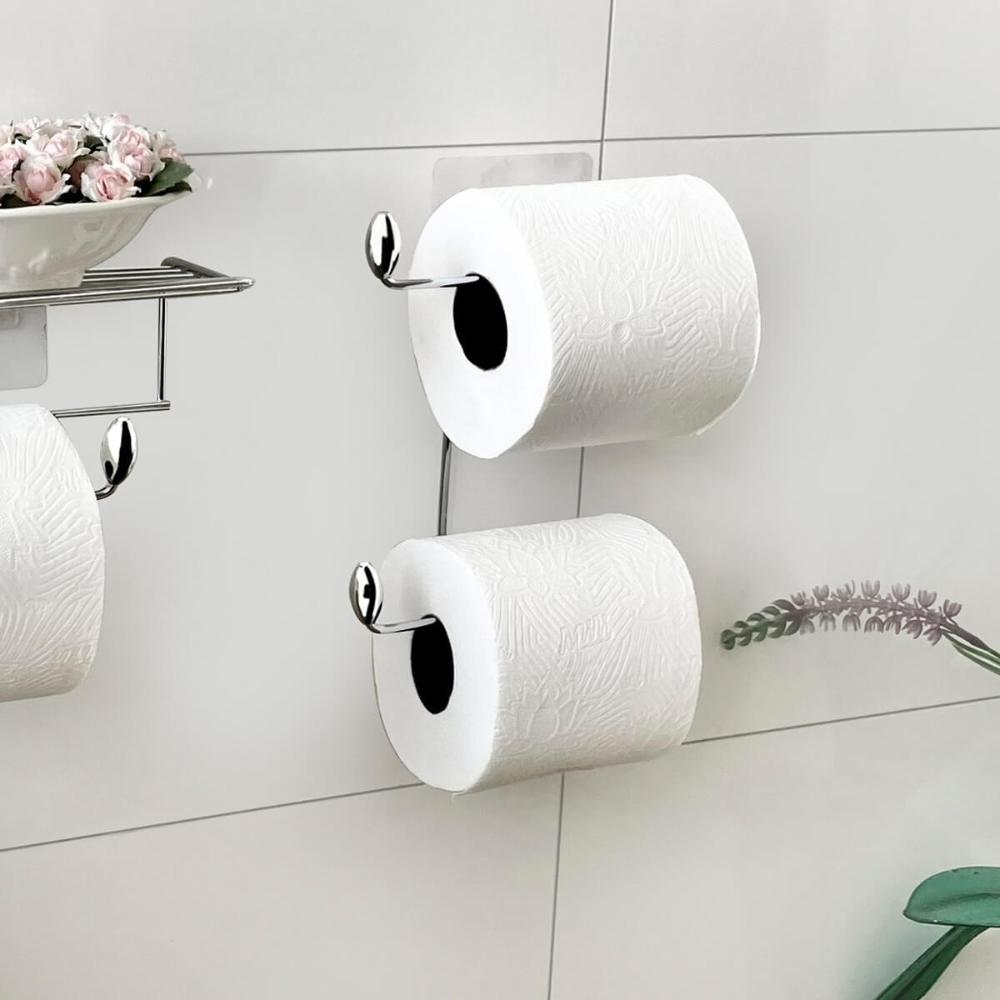 Suporte para Papel Higiênico Duplo Aço Cromado Fixação Adesiva Parede Utimil