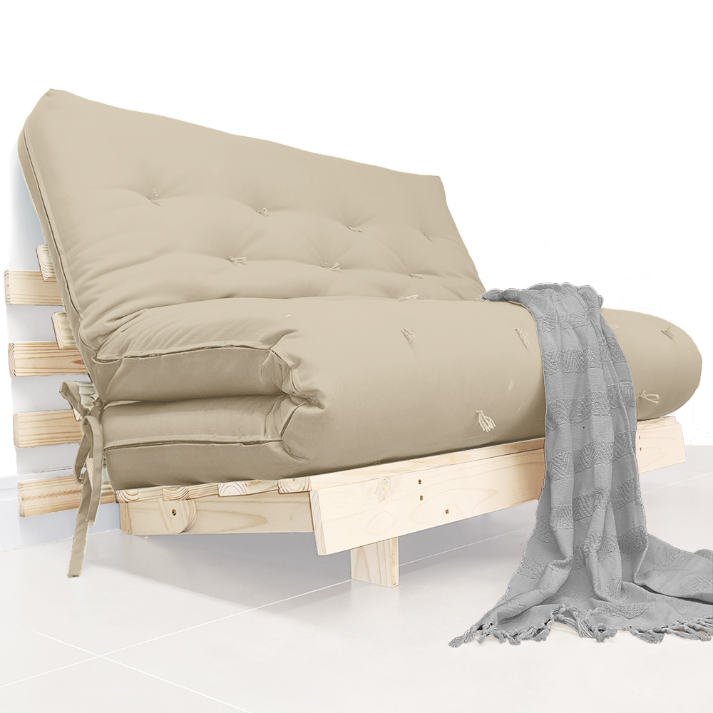 Futon Casal Tokio Sofa Cama Bege Com Madeira Maciça