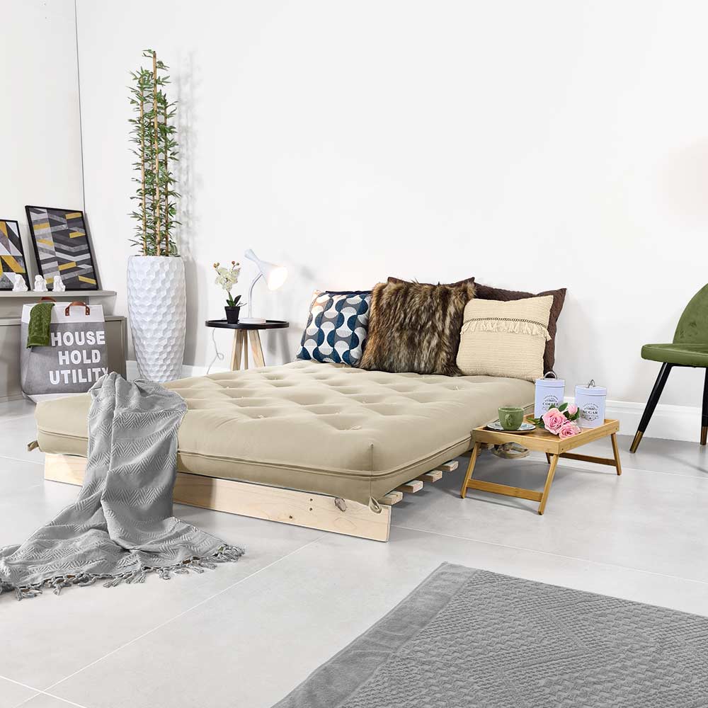 Futon Casal Tokio Sofa Cama Bege Com Madeira Maciça