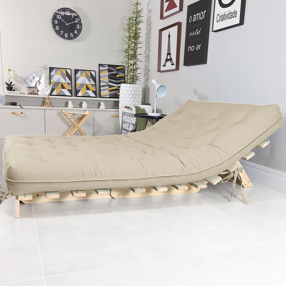 Futon Casal Tokio Sofa Cama Bege Com Madeira Maciça