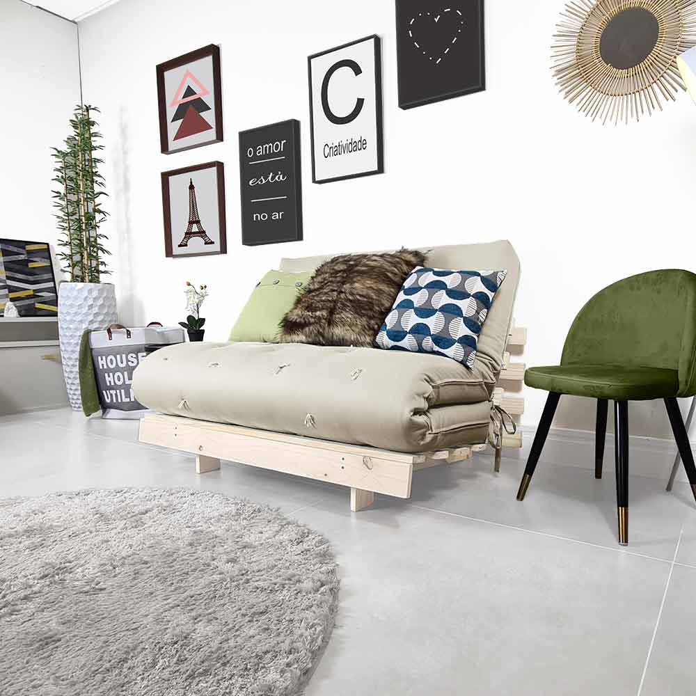 Futon Casal Tokio Sofa Cama Bege Com Madeira Maciça