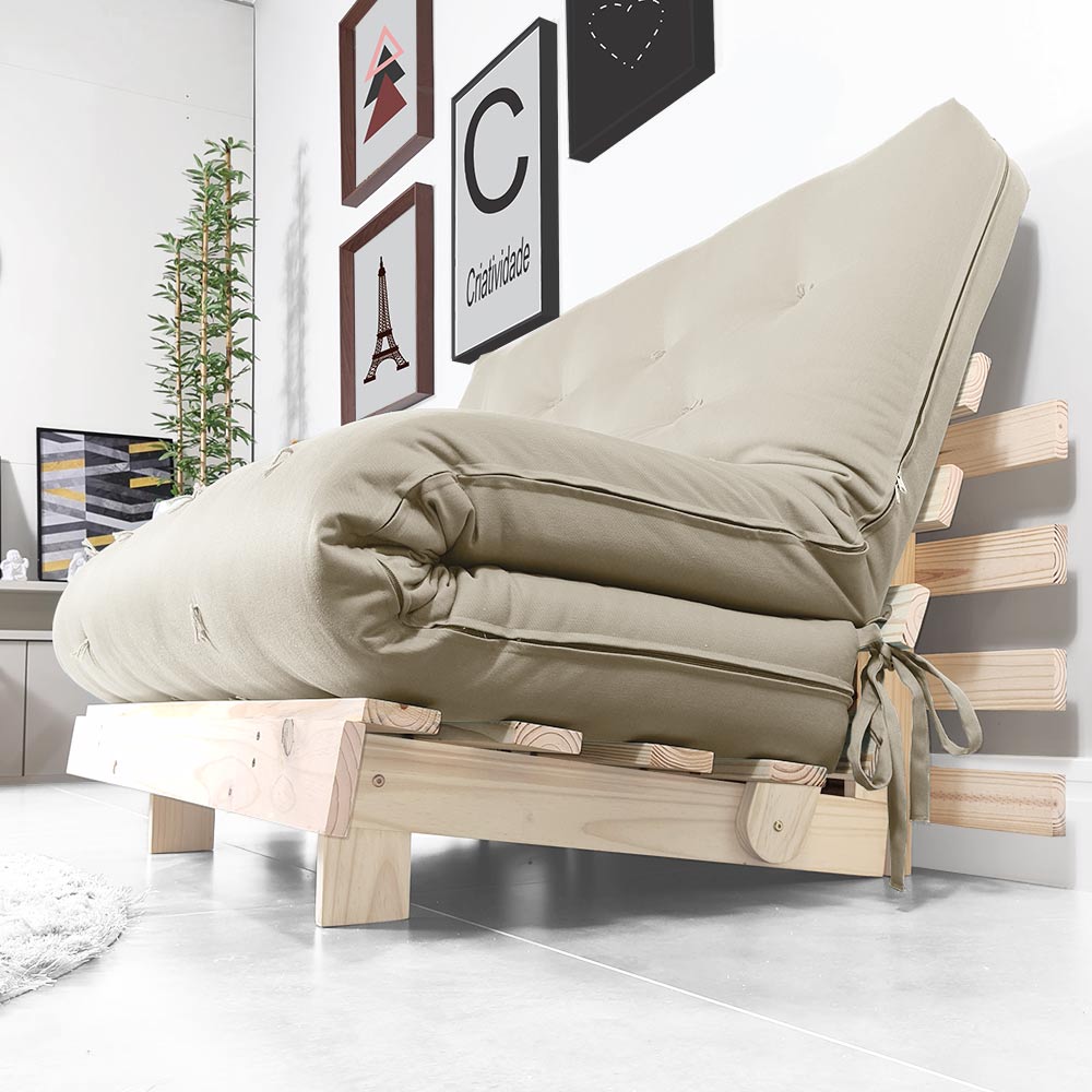 Futon Casal Tokio Sofa Cama Bege Com Madeira Maciça