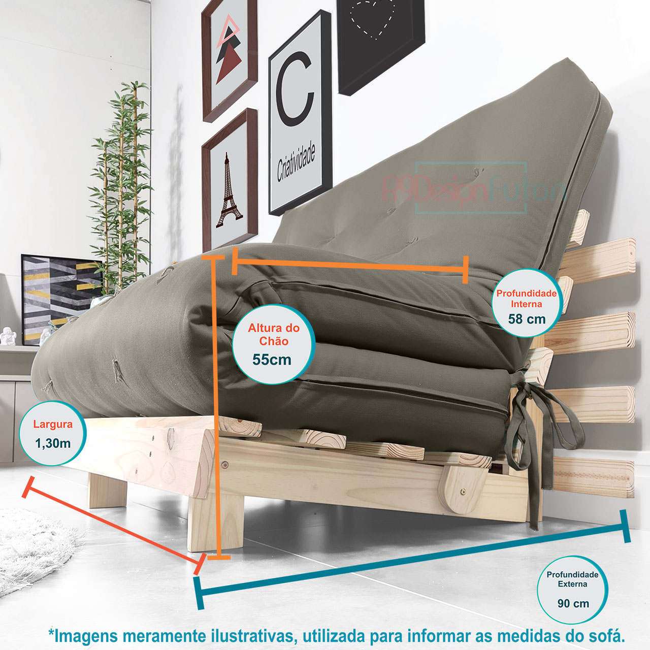 Futon Casal Tokio Sofa Cama Cinza Com Madeira Maciça