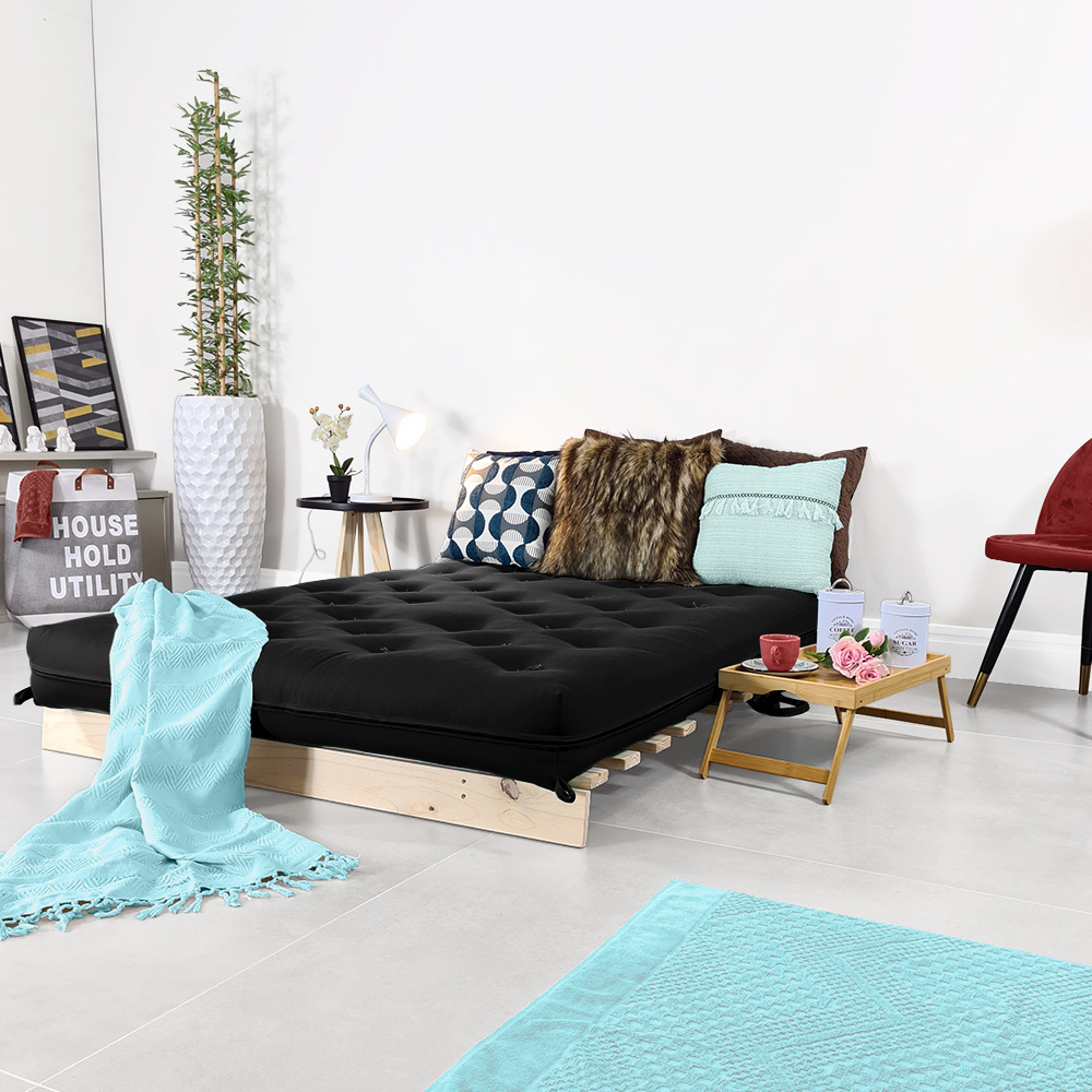 Futon Casal Tokio Sofa Cama Preto Com Madeira Maciça