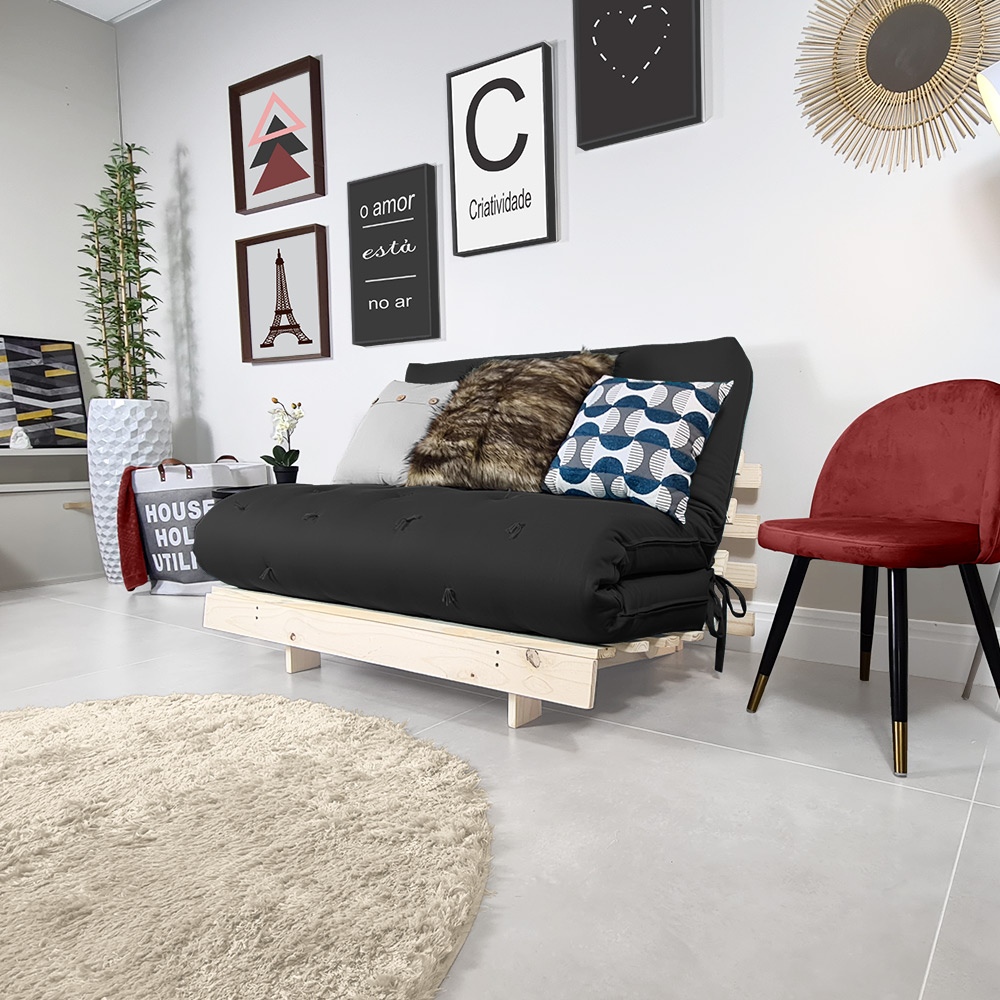 Futon Casal Tokio Sofa Cama Preto Com Madeira Maciça