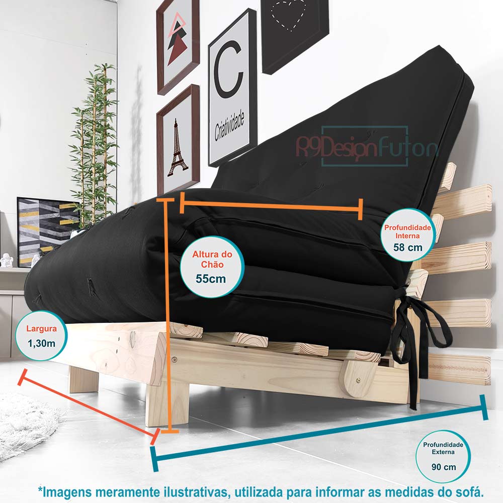 Futon Casal Tokio Sofa Cama Preto Com Madeira Maciça