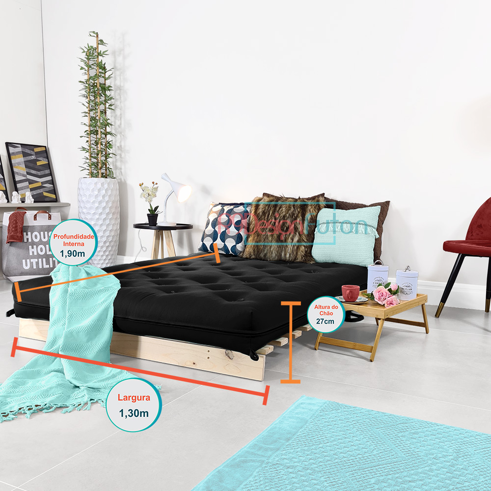 Futon Casal Tokio Sofa Cama Preto Com Madeira Maciça