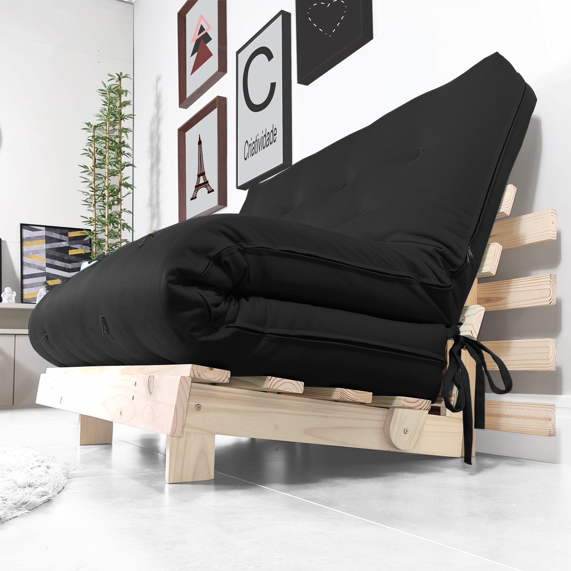 Futon Casal Tokio Sofa Cama Preto Com Madeira Maciça