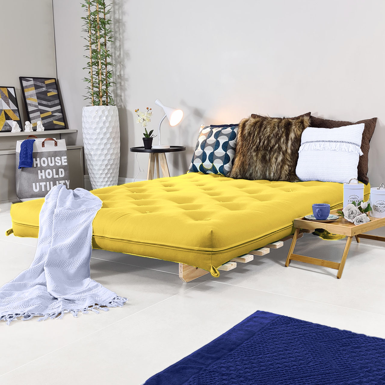 Sofa Cama Casal Futon Oriental Amarelo Acquablock Com Madeira Maciça