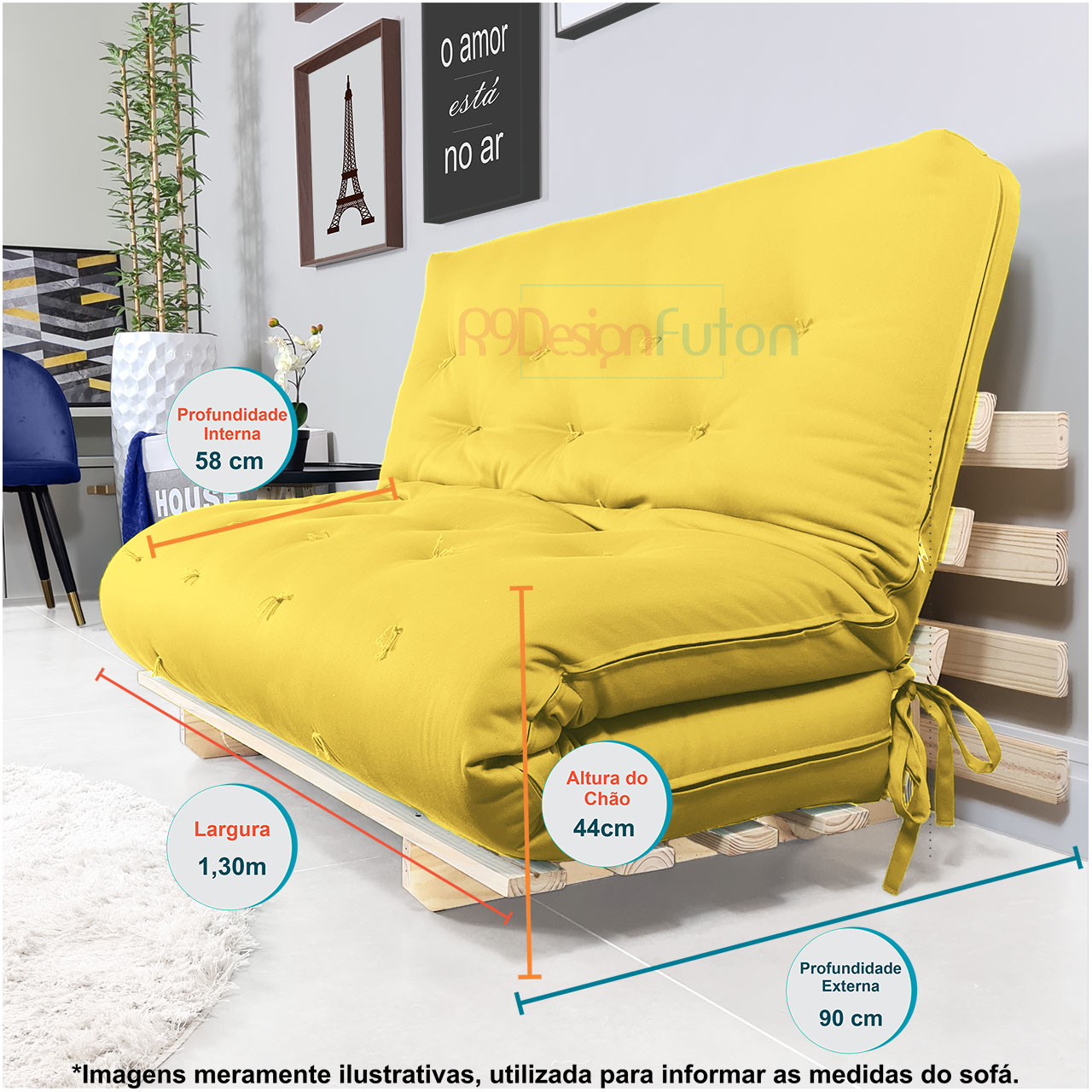 Sofa Cama Casal Futon Oriental Amarelo Acquablock Com Madeira Maciça