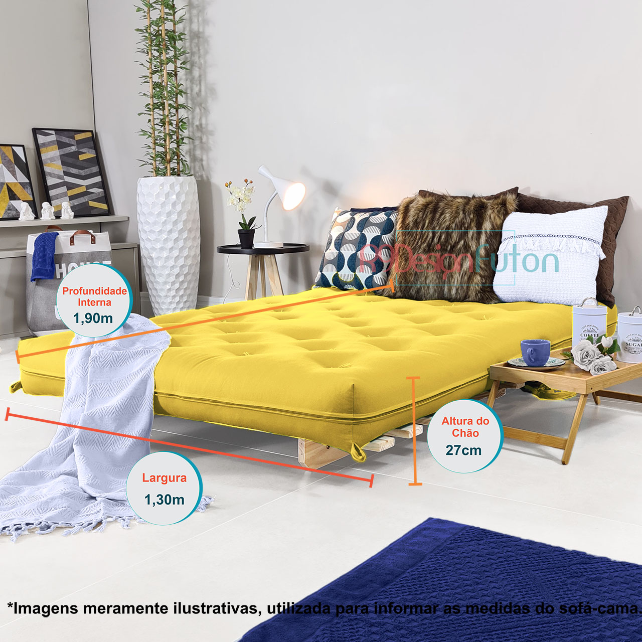 Sofa Cama Casal Futon Oriental Amarelo Acquablock Com Madeira Maciça