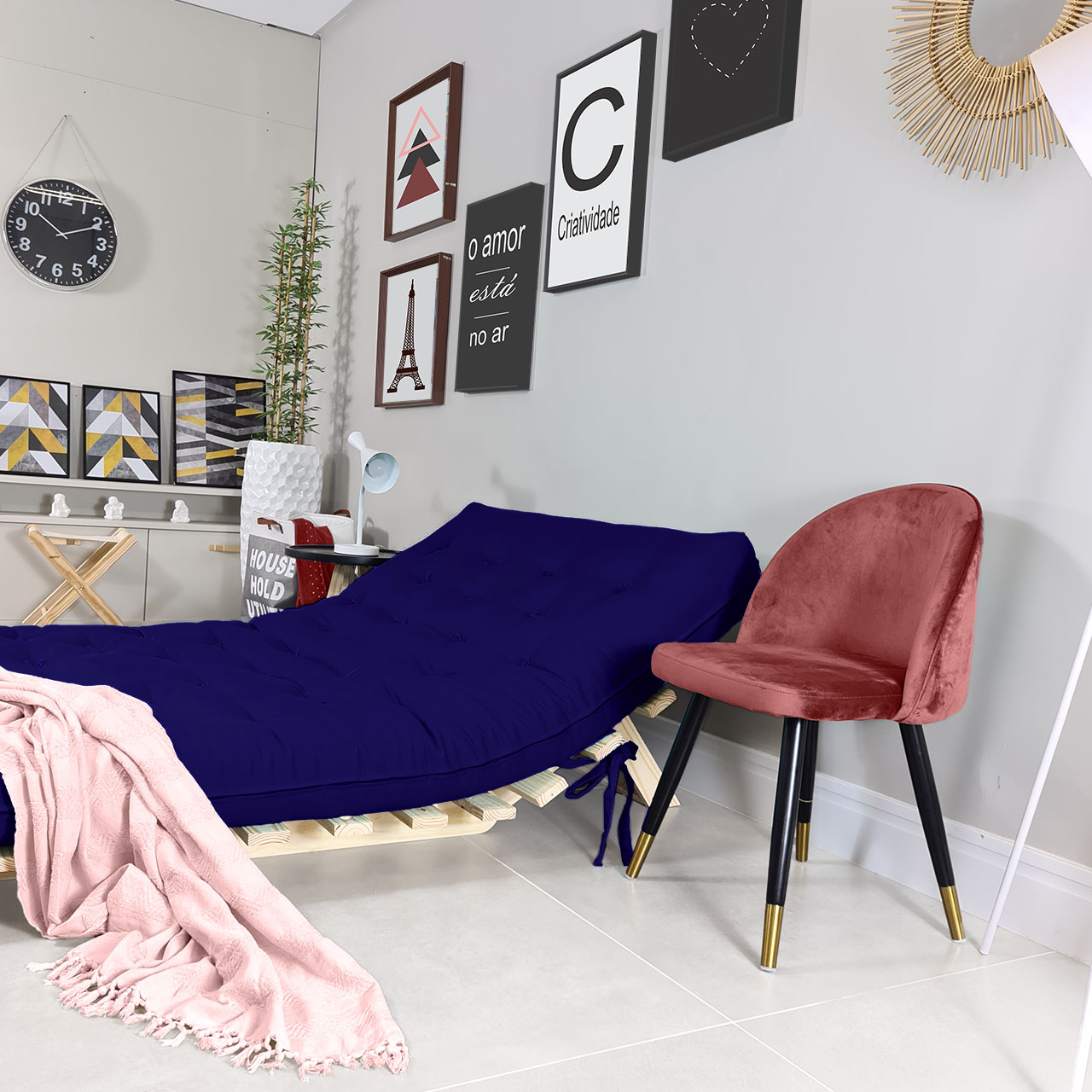 Sofa Cama Casal Futon Oriental Azul Royal Acquablock Com Madeira Maciça