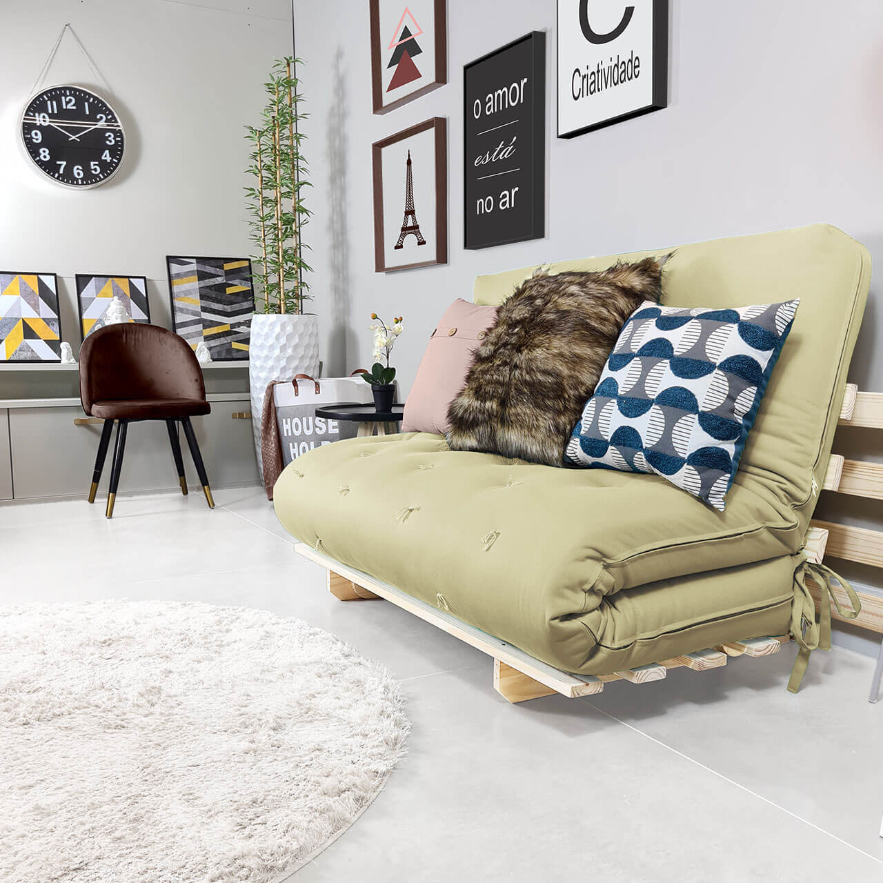 Sofa Cama Casal Futon Oriental Bege Madeira Maciça