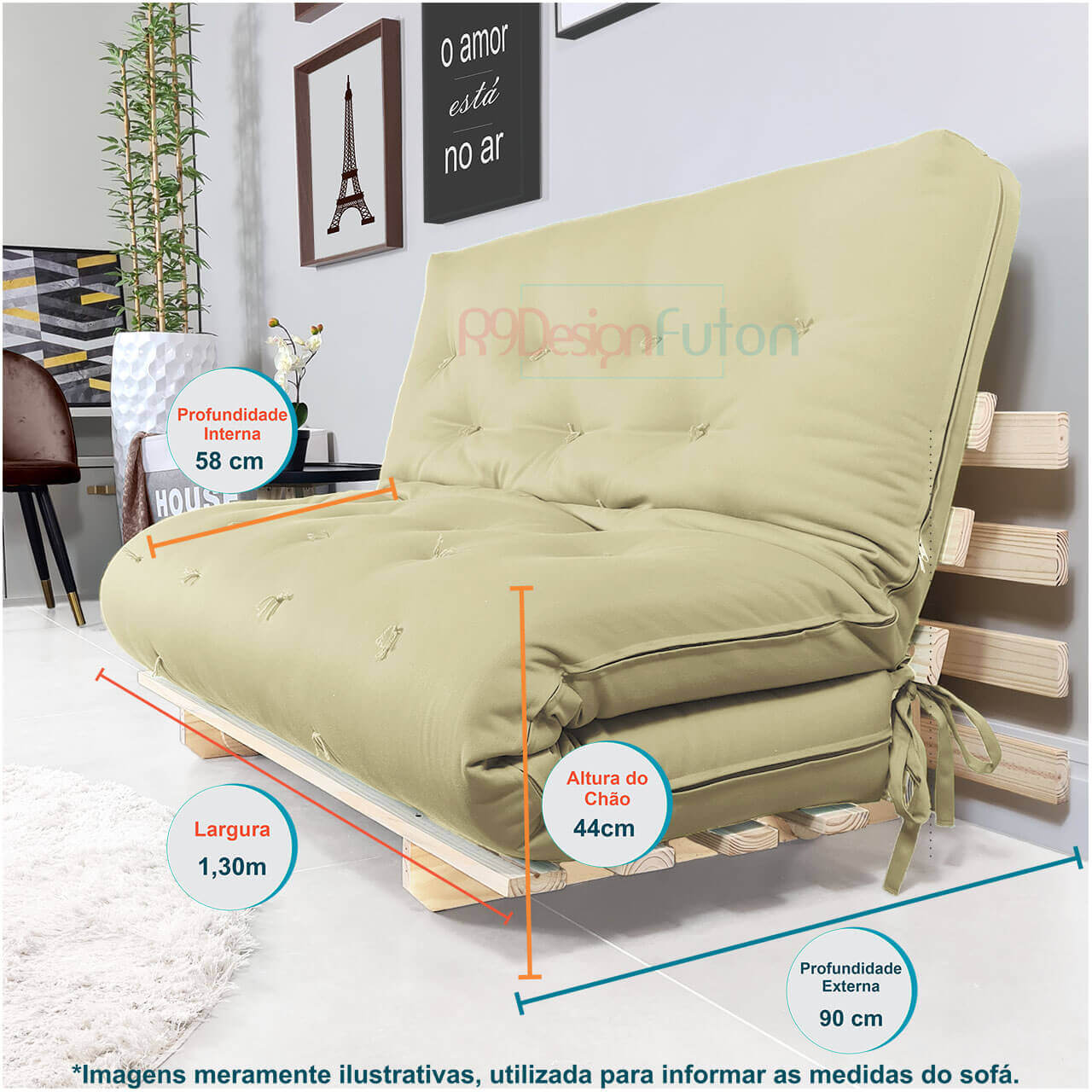 Sofa Cama Casal Futon Oriental Bege Madeira Maciça