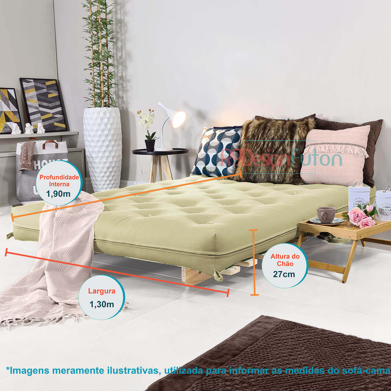 Sofa Cama Casal Futon Oriental Bege Madeira Maciça