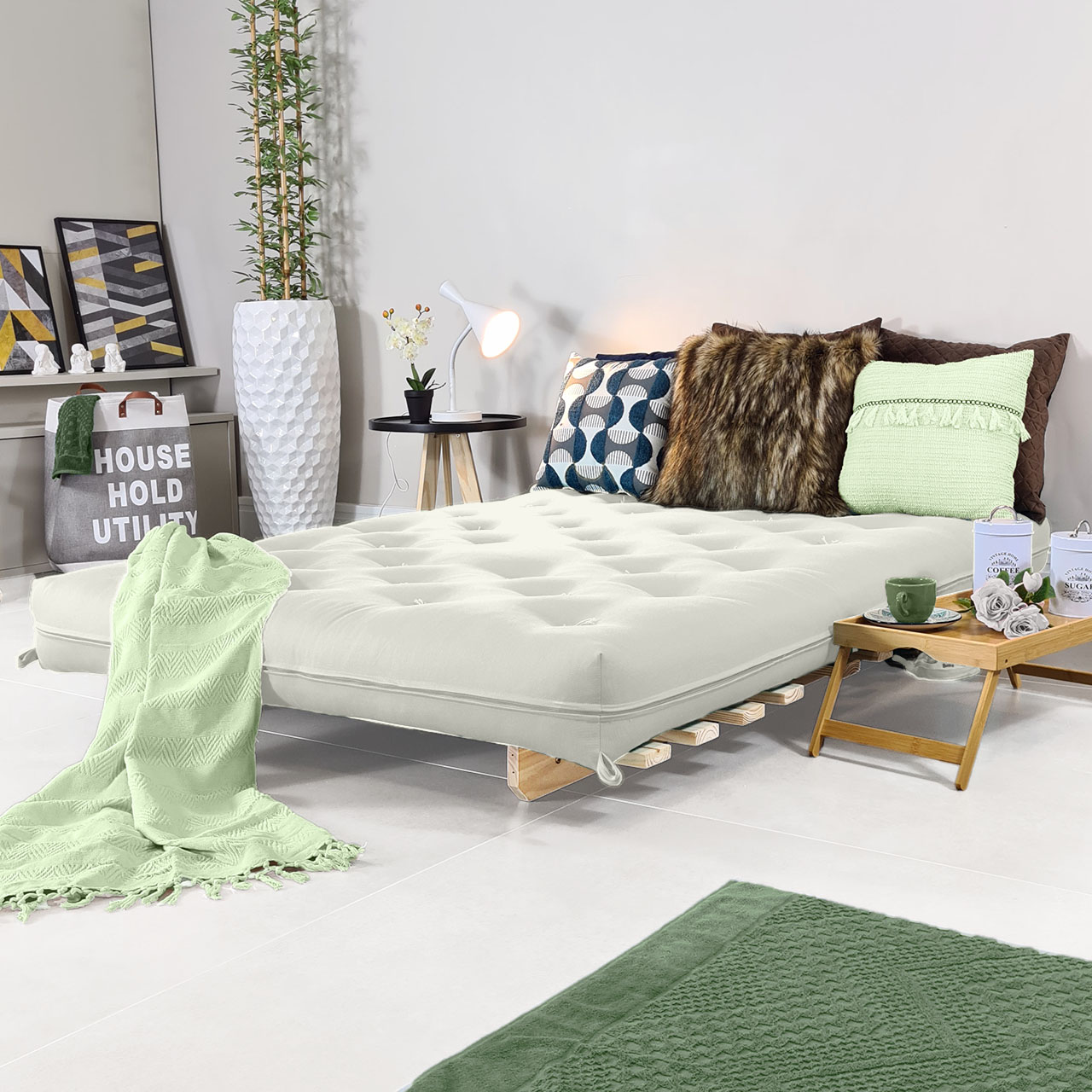 Sofa Cama Casal Futon Oriental Branco Off Acquablock Com Madeira Maciça