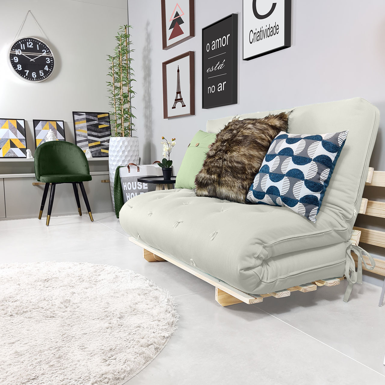 Sofa Cama Casal Futon Oriental Branco Off Acquablock Com Madeira Maciça