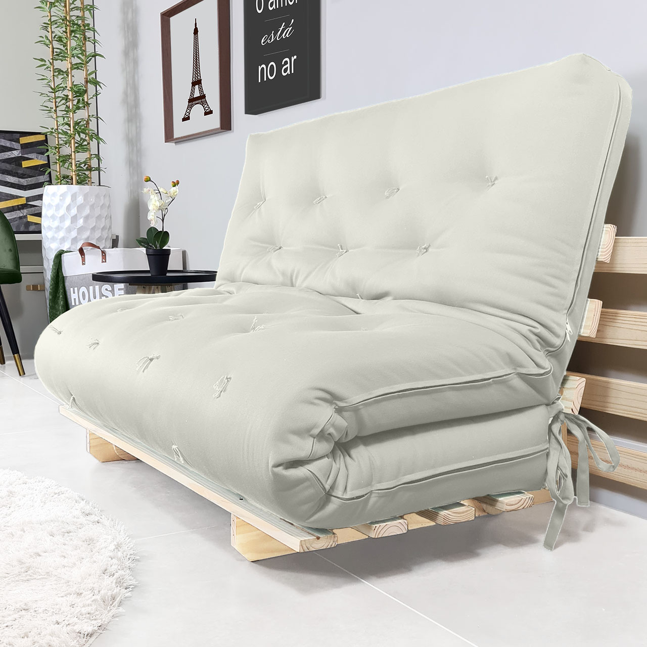 Sofa Cama Casal Futon Oriental Branco Off Acquablock Com Madeira Maciça