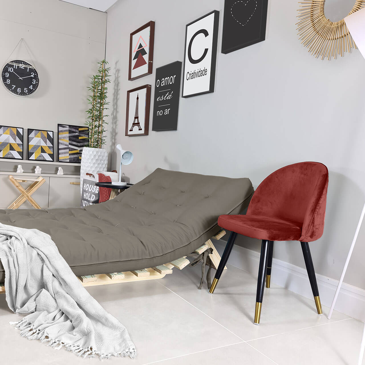 Sofa Cama Casal Futon Oriental Cinza Com Madeira Maciça