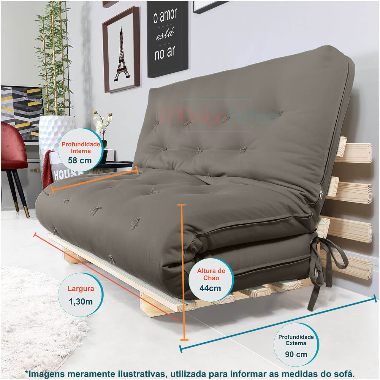 Sofa Cama Casal Futon Oriental Cinza Com Madeira Maciça