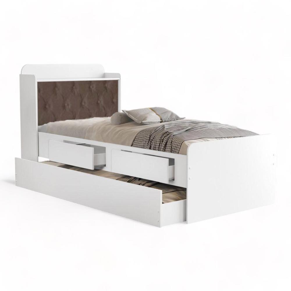 Cama Tamires Baú Branco Com Auxiliar E Capitonê Nogal