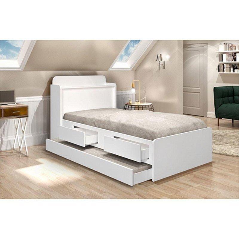 Cama Tamires Solteiro 0,88Cm Com Auxiliar Branco Com Capitonê Bege - Cambel
