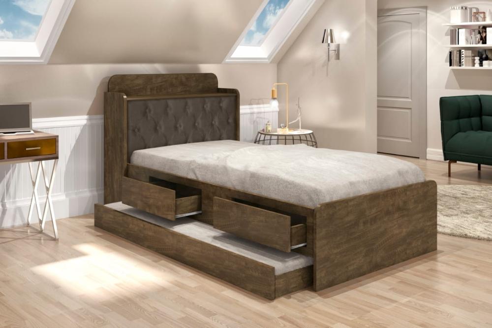 Cama Tamires Solteiro 0,88Cm Com Auxiliar Castanho Com Capitonê Nogal - Cambel