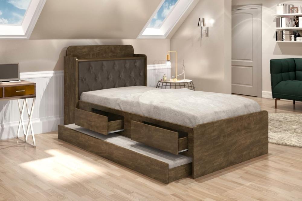 Cama Tamires Solteiro 0,88Cm Com Auxiliar Castanho Com Capitonê Nogal Dois Colchões- Cambel