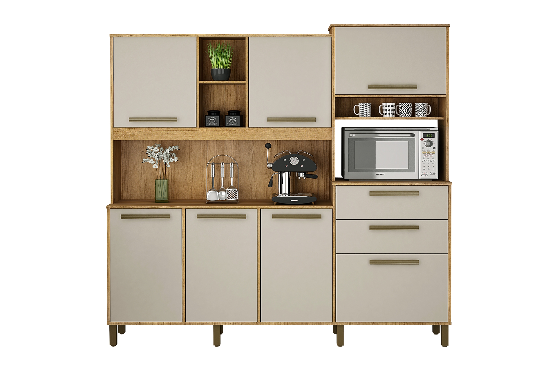 Armario de Cozinha Completa Sena 7 Portas 2 Gavetas Valdemoveis Cinamomo/Off White